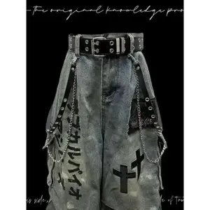 Gothic Punk Wasteland Jeans - Seven-Part Patchwork Wide Leg, Distressed Wrinkled Pants Menswear Trouser Man Streetwear Denim Pocket Tropical