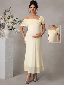 BELLAdresses Pregnant Women's Elegant Asymmetric Neck 3D Floral Decor Double-Layer Fitted Fishtail Hem Maxi Dress