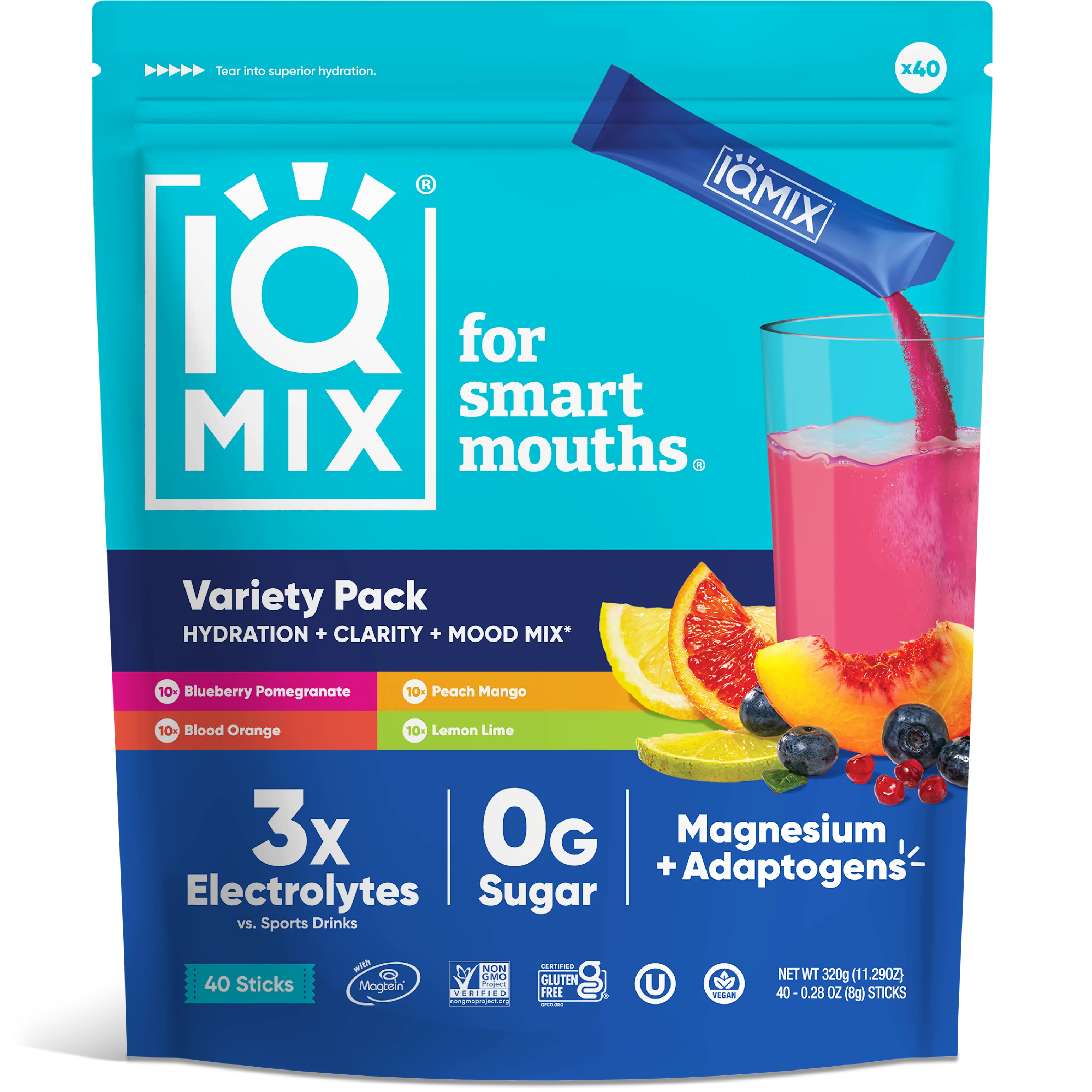 IQMIX Variety Pack (40 Sticks) - Sugar-Free Vegan Electrolytes Powder Packets, Lemon Flavor, Dairy-Free Dietary Powder Drink Hydration Supplement