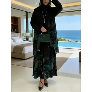 Chic Women'S Abaya 1pc |   Seasonal Attire for Spring And Fall |   Outfit for Eid And Ramadan |   New Arrival for Spring And Fall |   Black Liquid Marble Design Open Front Long Abaya |   Suitable for Commuting, Shopping