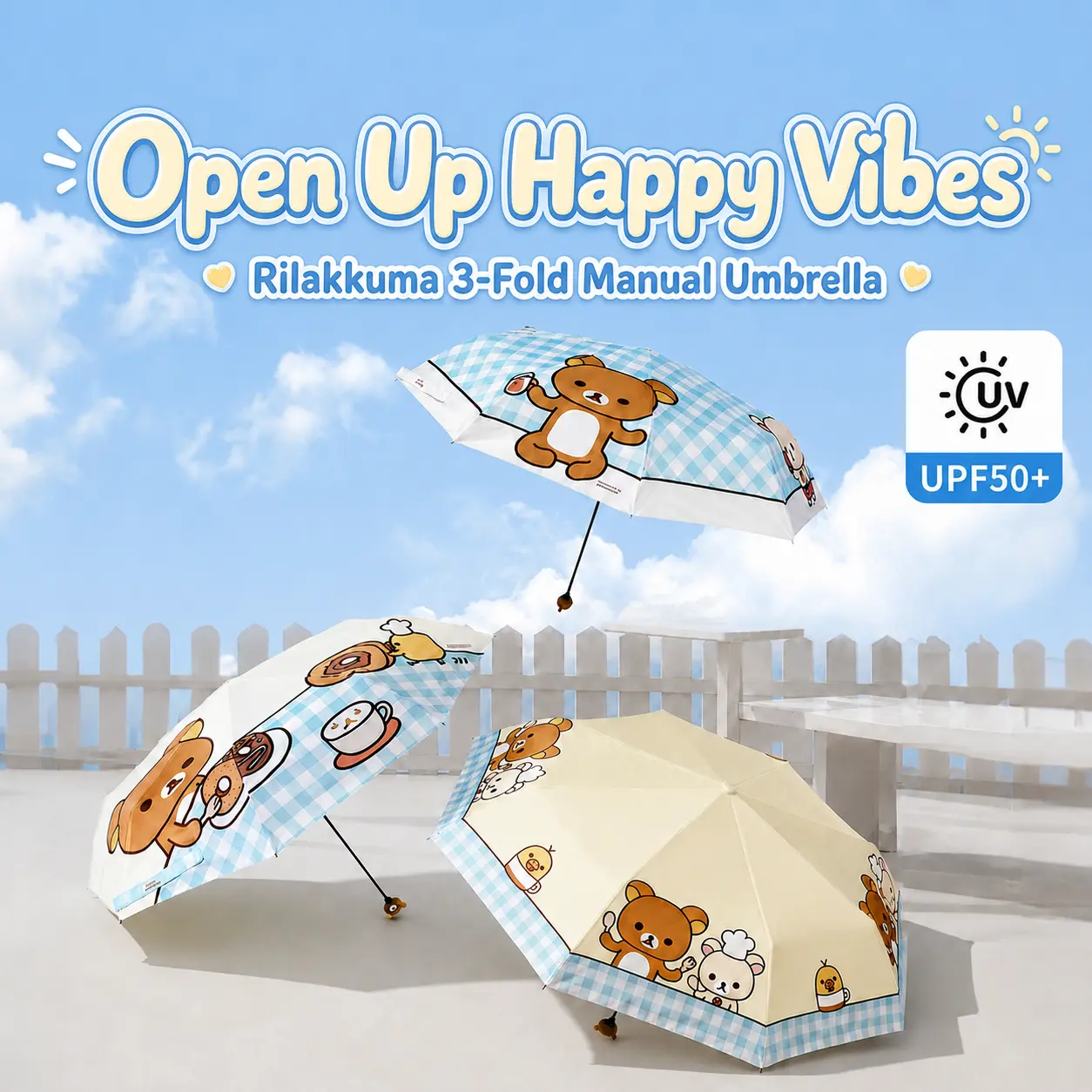 MINISO x Rilakkuma 3-Fold Manual Umbrella | Cute Compact Rain & UV Sun Protection Umbrella for Travel & Everyday Use