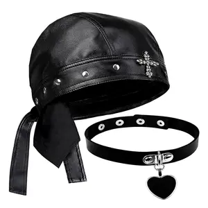 Rock Doo Rags Skull Biker Bandana Studs Do Rag with Punk Design with Necklace