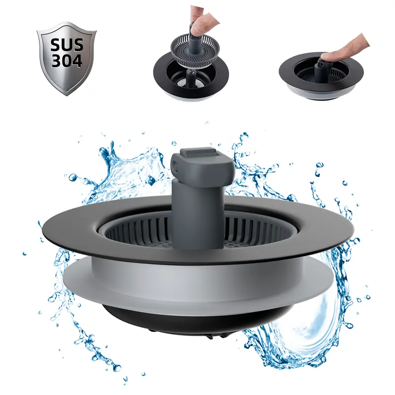 Hibbent Upgraded Rustproof 304 Steel Durable Kitchen Drain Strainer Stopper Kit - 3-in-1 Pop Up Stopper, Clog-Free Basket Strainer, Drain Cover with Easy Carrying Handle for 3.5-in Standard Sinks (Depth>1.8-in)