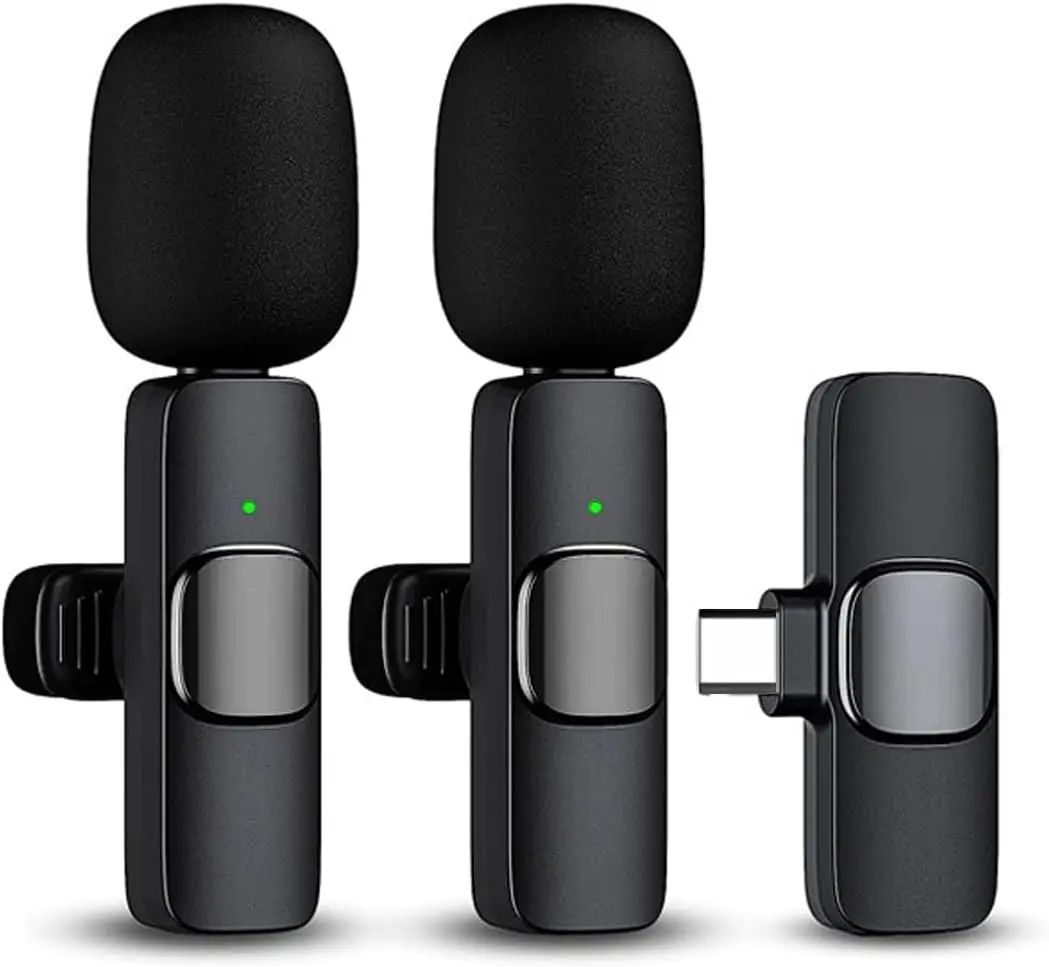 2PCS Wireless Lavalier Audio Microphones - USB-C, Black, Rechargeable Noise Cancellation Mics with Plug for Android Smartphones, Video Recording, Podcast (Clip-On Device for Content Creation)
