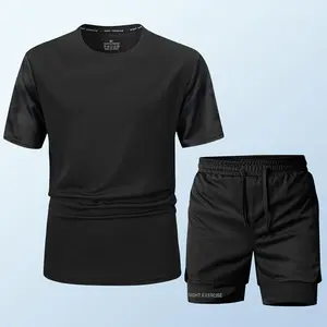 Men’s summer sports set featuring a crew-neck T-shirt and double-layer shorts. The T-shirt has a patterned sleeve design. Breathable, quick-drying, and comfortable—ideal for sports training and gym workouts.#SummerVibes