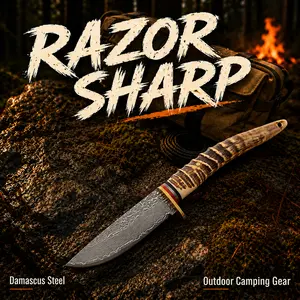 Damascus Steel Outdoor Knife with Antler Style Handle, Full Tang Fixed Blade Design, Includes Leather Sheath for Camping, Hiking and Outdoor Activities