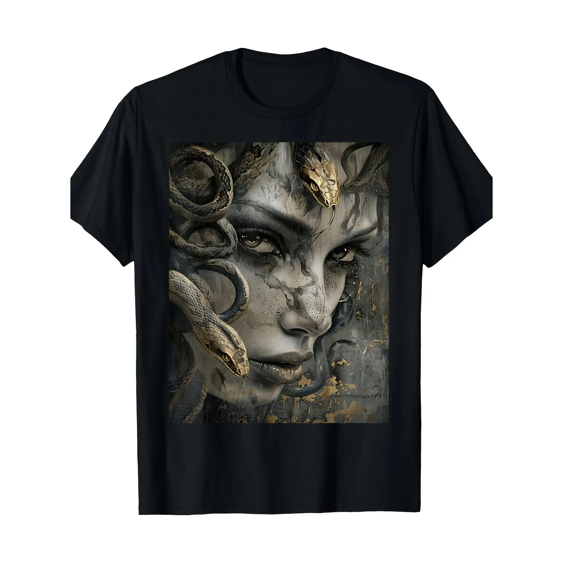 Medusa Greek Mythology Astrology Dark Grand Art T-Shirt - 100% Cotton, Short Sleeve, Round Neck, Machine Washable