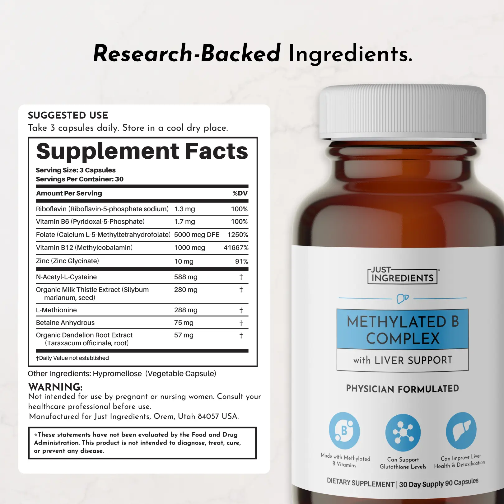 Just Ingredients Methylated B Complex with Liver Support – 90 Capsules –  Supports Energy, Detoxification, Glutathione Production & Healthy Skin –  With Methylated B Vitamins, NAC, Milk Thistle & Dandelion Root