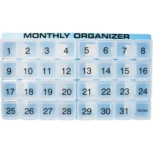 Monthly Pill Organizer| 31 compartments, 1 per Day, 4 Week Full Month 31 Day Pill Organizer| Includes Tray and 8 Removable compartments