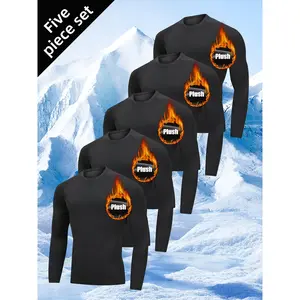 Plush Men's 5pcs Thermal Fuzzy Set Full-Zip Gym Suit Tight-Fitting Fleece-Like Base Layer for Running Winter Sports Black White Flame Logo Athletic Wear