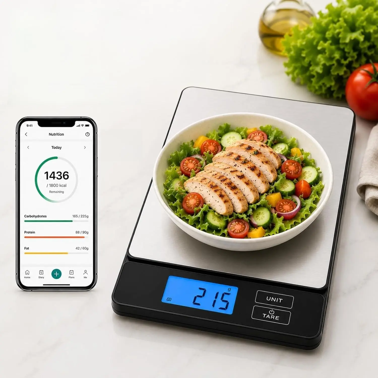 Smart Food Scale with Nutritional Calculator, Digital Kitchen Scale with Bluetooth App for Weight Loss, Food Weight Scale for Diet, Keto, Macro, Calories Counting, Tracking, Stainless Steel