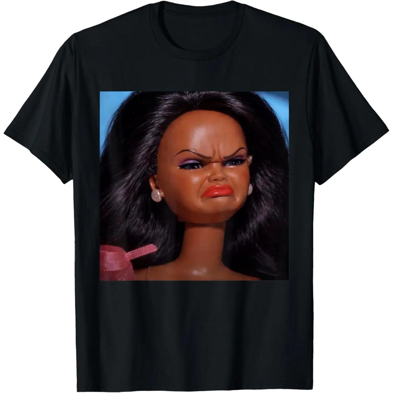 Contemporary Black Doll Face Meme Reaction TShirt Featuring Angry Disgusted Expression for Humorous Style