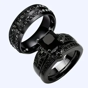 3pcs Couple Ring Set Women's Double Row Black Princess Cut Rings Men's Stainless Steel Ring Romantic Matching Jewelry Durable Tarnish Resistant Ideal for Engagement Anniversary Valentine's Day Daily Wear