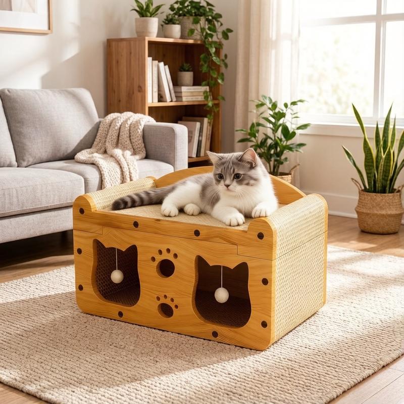 Durable Multi-Functional Cat House Box with Scratching Bed, 3-In-1 Play House With Hideout Caves and Hanging Ball Toys for Cat/Kitty
