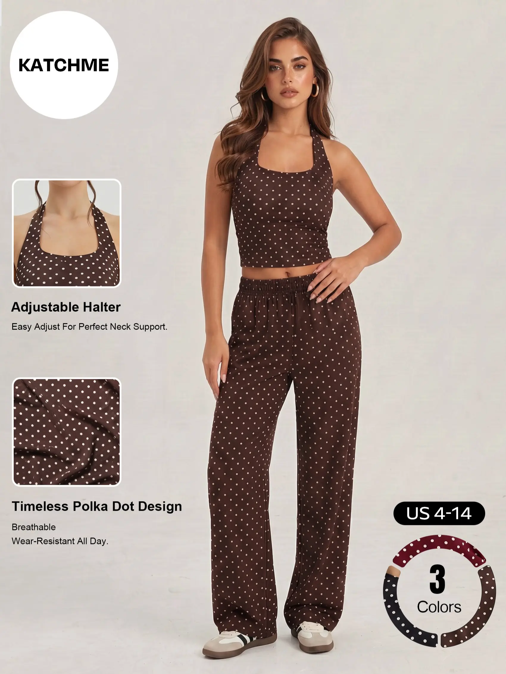 Katch Me Chic Women's Polka Dot Adjustable Halter Crop Top & Drawstring Waist Wide Leg Trousers Co-ord, Lightweight Pill-Resistant   2-Piece Set, Skin-Friendly, Flexible   Summer   Going Out Outfit #TikTokMadeMeBuyIt #SummerEssentials #MatchingSet Elegant