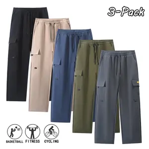 Menswear 3-Pack Men's Casual Solid-Color Minimalist Straight-Leg Cargo Drawstring Long Pants, 100% Polyester, Versatile for Daily Wear, Outdoor Sports, Commuting