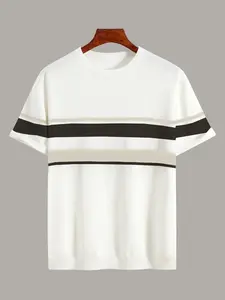 Men's Striped Trim Short Sleeve Tee, Regular Fit Casual Comfy Round Neck T-shirt for Summer, Men's Top for Daily Wear, Tropical, Casual Minimalist