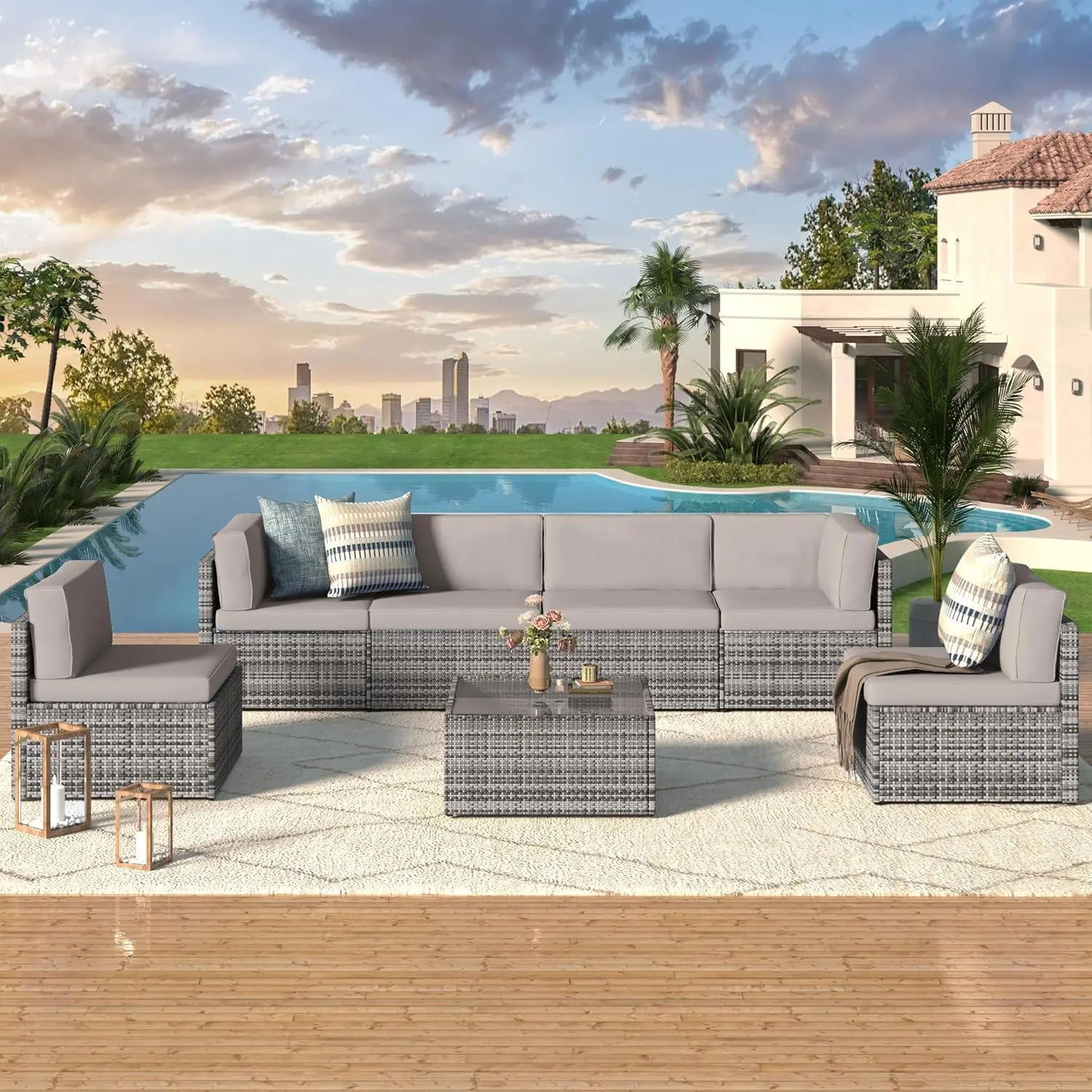 【summervibes】[2/3 packages shipping] AECOJOY 7 Pieces Outdoor Patio Furniture Set, Outdoor Sectional Conversation Furniture Chair with Coffee Table,Patio Sectional for Garden,Backyard
