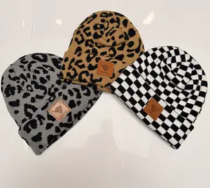 Y2K Inspired Knit Beanie – Stylish Cow, Leopard, and Checkerboard Print, Unisex Warm Hat for Winter Adventures