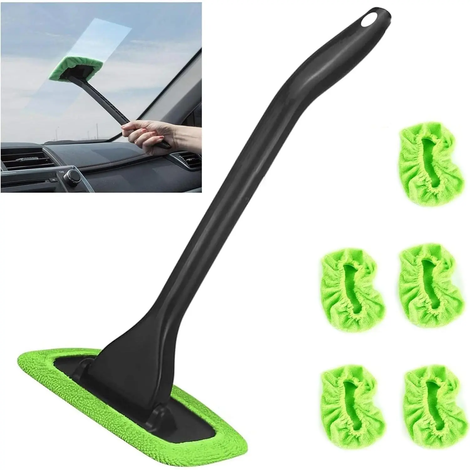 16-Inch ABS Plastic Windshield Cleaning Wand, Window Cleaner with 5 Reusable Pads, Easy Attachment, Streak-Free Wipe for Cars/Trucks, Removes Dirt, Smudges, Grime, Dusts, No Scratches, Car Interior Wash Accessory (Green)