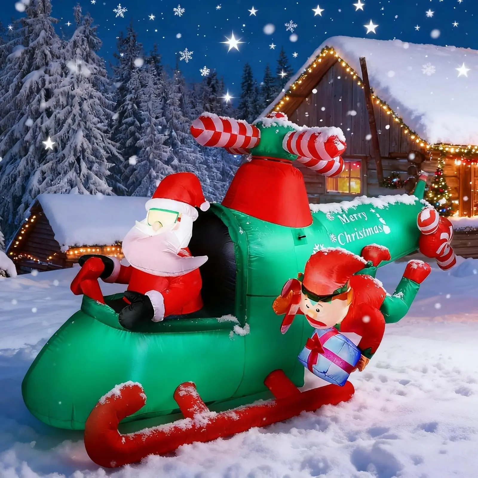 8.5FT Christmas Inflatables Santa Claus Helicopter Decoration, Blow Up Weatherproof IP44, Built-in LED Lights, Indoor Outdoor Yard & Garden Lawn Decor with Elf & Gift Box