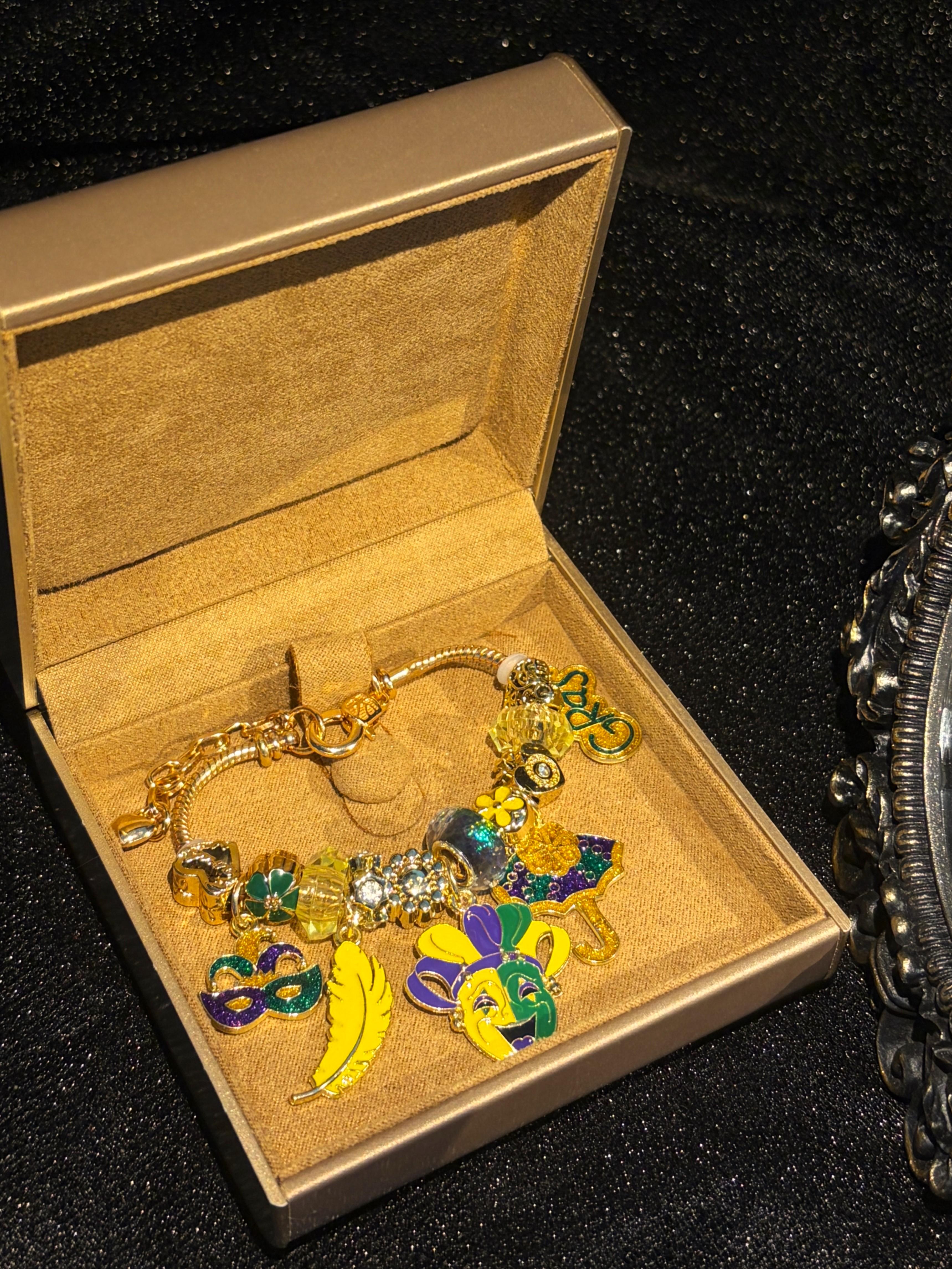 Women's Gold-Tone Snake Chain Charm Bracelet with Colorful Mardi-Gras-Inspired Enamel Dangle Charms, Birthday Costume Jewelry Gift
