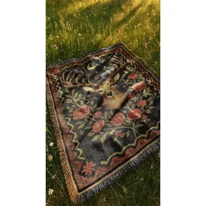Deer and Roses Blanket | Dark Western Celestial Woven Tapestry | Rustic Country Forest Cabin Elk Throw Blanket