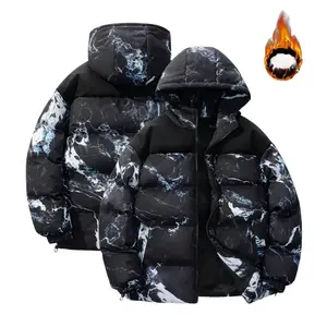 Puffy Bread Jacket - Medium Size Hooded Warm Winter Coat for Men & Women Stylish Marble Print Comfortable Fit Versatile Practical