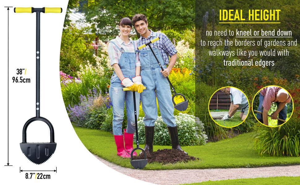 ennvaofficial serrated lawn trimmer, Multi-Functional Garden Flat Shovel.half-moon-shaped lawn trimmer with T-handle, long-handled step-by-step trimmer suitable for walkways and lawns, 38inch