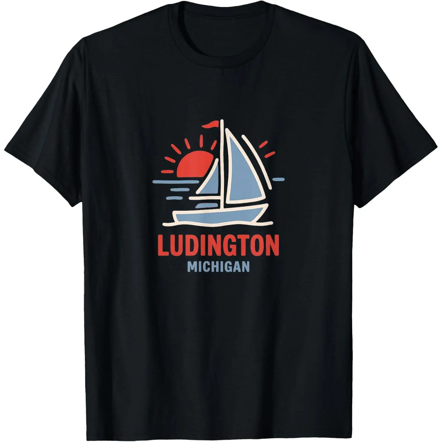 100%cotton Ludington Michigan Sailboat Sunset Design T-Shirt