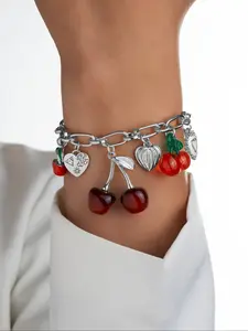 Elegant Cherry Bracelet with Heart Bow Tassel Pendant, heart and bow elements, Perfect Gift for Women, Ideal for Birthdays & Holidays