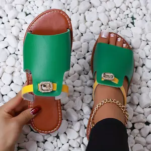 Women's Flat Sandals Slip-On Open-Toe Casual Summer Shoes with Decorative Buckle - Vibrant Green Synthetic Cover Upper & Non-Slip Rubber Sole for Beach, Outings, Daily Wear, Durable Comfort Insole, Strappy Sandals Footwear Girl Tactical Coffee Color