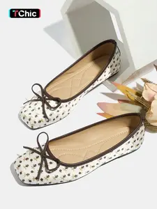 Women's Large Size Ballet Shoes Ballet Flat Spring Summer New Square Toe Light Floral Bow Casual Slip-On Low Heel Comfortable Walking Shoe