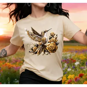 100% cotton, brightly colored bird and flower pattern printed short-sleeved round-neck casual women's T-shirt, lightweight and soft fabric, gift, birthday present, fashionable and elegant, suitable for travel, vacation, parties, elegant, beautiful, sweet