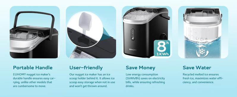 EUHOMY Best-Selling Countertop Nugget Ice Maker with Handle: 33 lbs of Ice in 24 Hours, 6-Minute Ice Readiness, Removable Cover, Auto-Cleaning, Includes Basket and Scoop, Perfect for Home, Kitchen, Parties & Camping