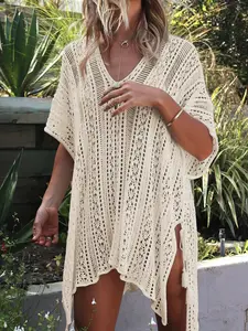 Women's Solid Color Hollow Out Crochet Cover Up, Casual Open Front Semi-sheer Cover Up for Beach Holiday Vacation, Ladies Summer Clothes, Beach Cover Ups, Swimwear Cover Up