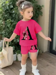 Flower Letter A Baby Girl's Set Digital Printing 100% Polyester Baby Short-sleeve Set, cute baby girl's casual clothing, suitable for daily and outdoor sports T-shirts, a perfect gift for babies and toddlers