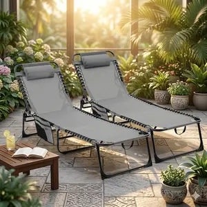 Folding Chaise Lounge Chair Outdoor, Patio Beach Pool Sun Tanning Chair with 4-Position Adjustable Backrest, Breathable Mesh Reclining Lounge Chair for Outside