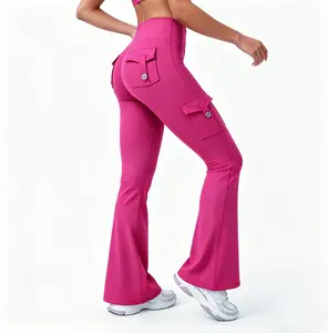 High Waisted Flared Yoga Leggings for Women, Hidden Scrunch Design, Pockets & No Front Seam, Cargo Fitness Pants