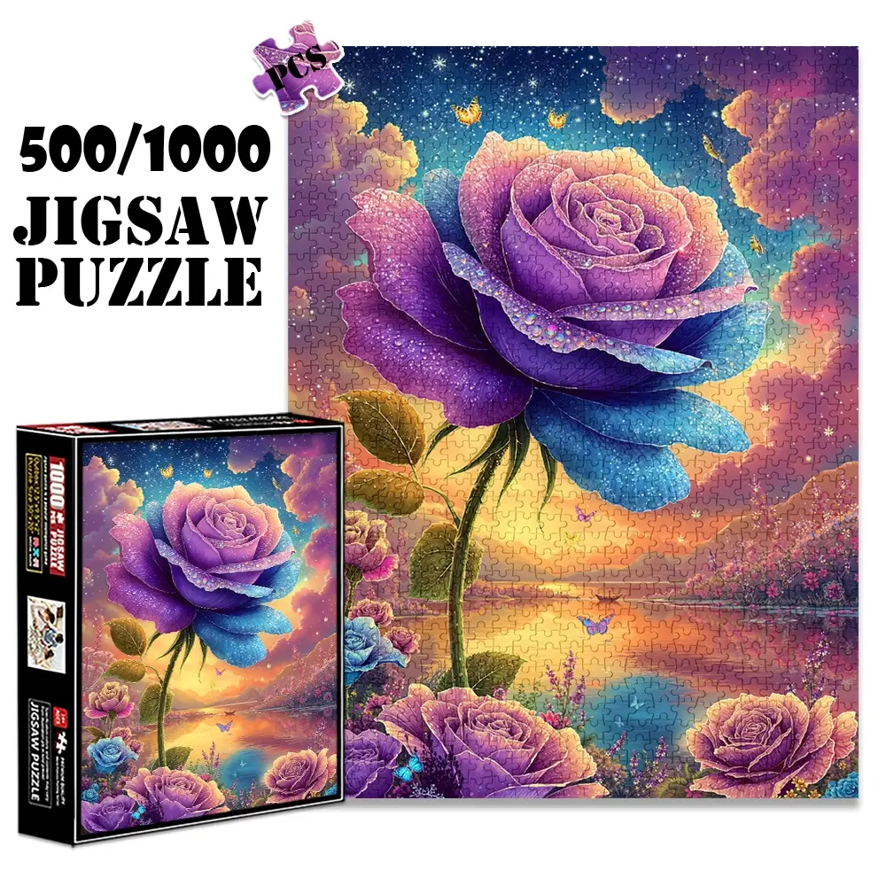 1pc 1000 piece adult puzzle 70x50cm Giant Rose with Glitter, Butterflies and Scenic Background 500 pieces of paper jigsaw puzzle, suitable for adults and families, large-scale DIY puzzle interactive