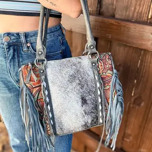 Strapped & Stashed Cowhide CCW Speedy Bag - Genuine Leather with Hair on Front, Fringe Accents, Hinged Handles, Concealed Carry Pocket, Stormy Blue Hide, 11" L x 4" W x 8.5" H
