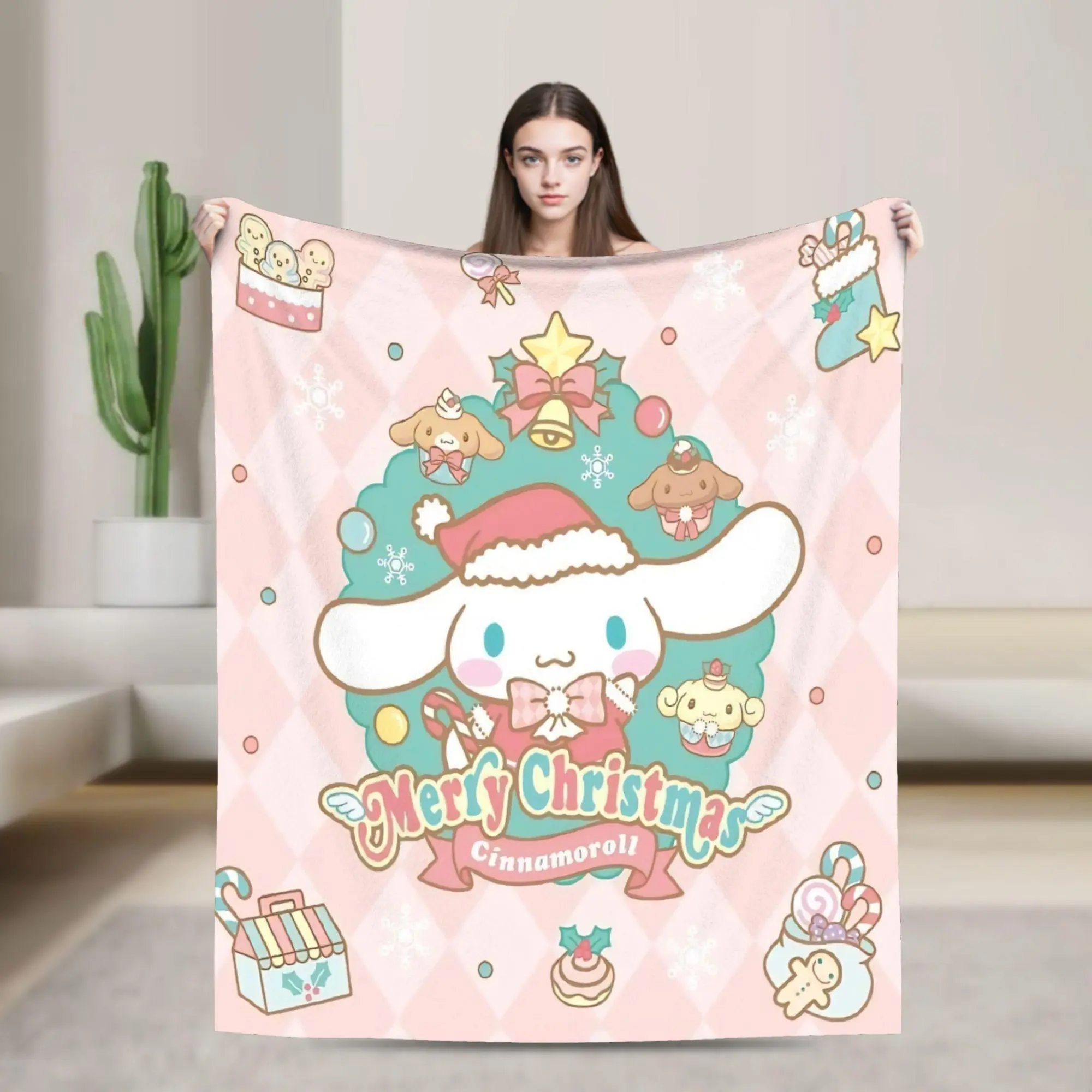 C-Cinnamoroll Christmas Flannel Blanket - Soft Warm Plush Throw for Sofa, Bed, Cute Character Cartoon Pattern All Season Curl-Up Blanket, Girly Bedroom Holiday Décor, All Season Blankets, Cute Character Blankets