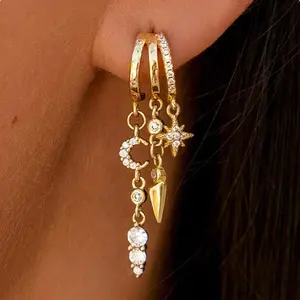 Earrings for Women Trendy 14K Gold Plated Dangle Earrings Huggie Hoop Earrings Cubic Zirconia Star Moon Earrings