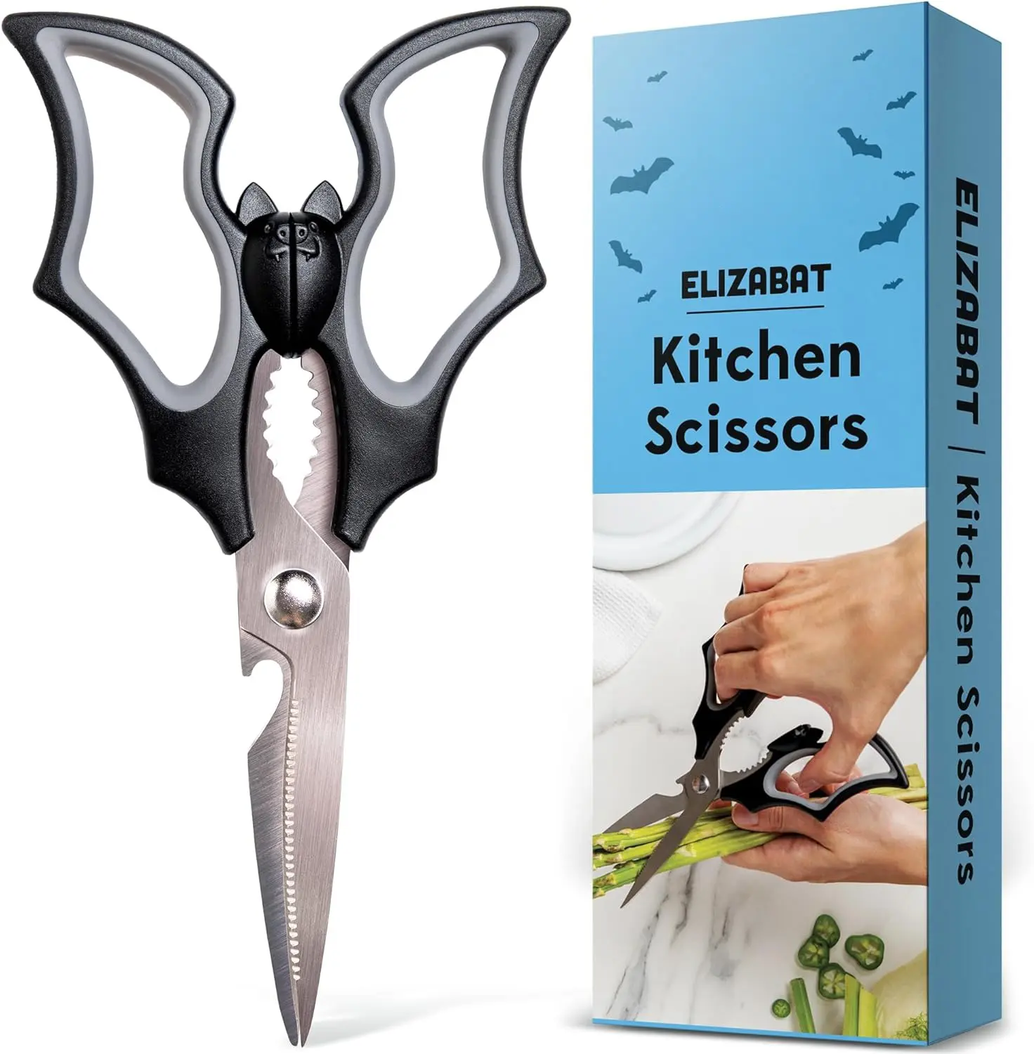 NEW! Halloween Bat Kitchen Scissors – Elizabat Gothic Shears for Cooking – Cute Goth Kitchen Utensils, Spooky Gifts, and Halloween Décor Handles