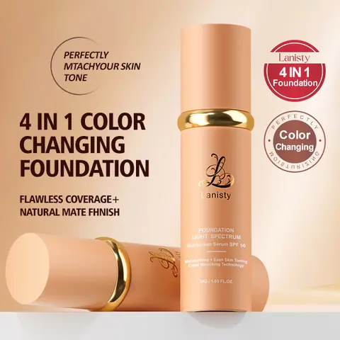 Lanisty 4-in-1 Luxe Color-Changing Foundation - SPF50, Full-Coverage, Hydrating, Waterproof, Long-Lasting, Lightweight, Natural Finish for All Skin Tones, Light Formula
