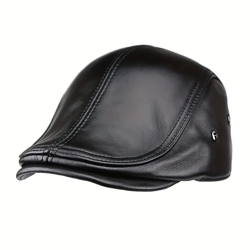 [Genuine Leather Newsboy Cap] Genuine Cowhide Leather Newsboy Cap - Men's Top Layer Fashionable Gatsby Ivy Driving Hunting Fishing Cap - Hand Washable, PU Coated Woven Polyester with Slight Stretch