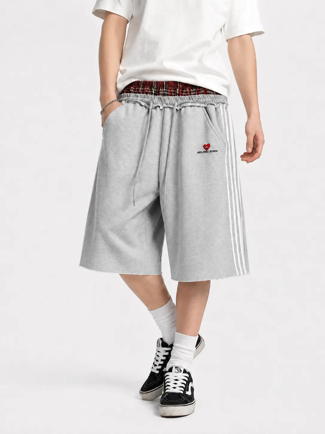 Aelfric Eden Double Waist Plaid Patchwork Longline Shorts High Waist Double Waistband Design Side Stripe Detail  Soft  Fabric Retro Sporty Streetwear Unisex Bottoms
