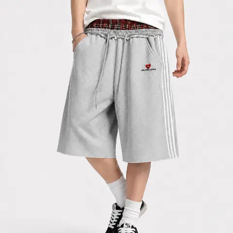 Aelfric Eden Double Waist Plaid Patchwork Longline Shorts High Waist Double Waistband Design Side Stripe Detail  Soft  Fabric Retro Sporty Streetwear Unisex Bottoms