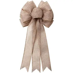 Burlap Bow Holiday Wreath Bow DIY Crafts Rustic Jute Bowknot Ornaments for Christmas Tree Topper Wedding Party Decorations, 9.8x21.6 in