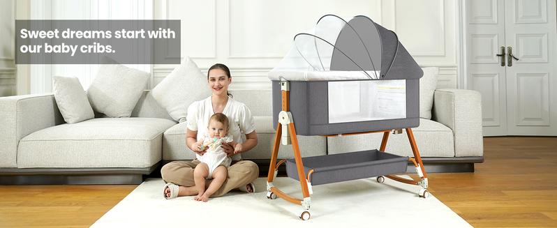 Baby Bassinet Sleeper, 6 Height Adjustable Cribs, Easy to Fold Portable Crib Side Bassinet, Swing Cradle Bed Side Sleeper with Ventilated Net&Wheels Baby Bassinet Sleeper, 6 Height Adjustable Cribs, Easy to Fold Portable Crib Side Bassinet, Swing Cradle Bed Side Sleeper with Ventilated Net&Wheels